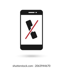 Mobile phone with red crossed-out handset flat design icon.