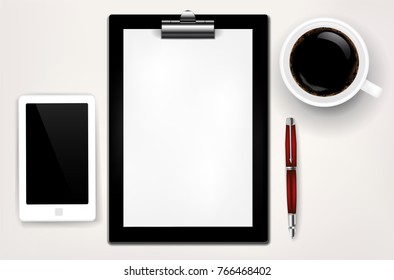 Mobile phone, red pen, cup of coffee and empty paper clip with copy space for your message - realistic vector illustration