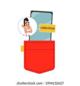 Mobile phone in a red pocket. On the phone screen a man s avatar and a cloud for text. Template for copy-paste and social media post. Vector illustration in cartoon childish style.