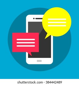 Mobile phone with red and yellow bubble speech, web chatting concept, online texting, messaging, connection, communication modern flat vector illustration design isolated sign