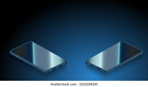 Mobile phone with a reflection on the screen on a polished background. Layout or template of mobile phones. Realistic phone with blank screen. Smartphone perspective view with blank screen.