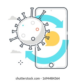 Mobile phone related color line vector icon, illustration. The icon is about corona virus, contamination, epidemic, social media, internet, smart phone. The composition is infinitely scalable.