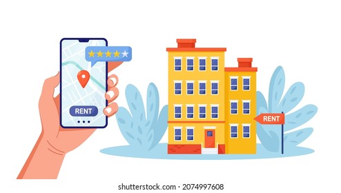 Mobile phone with rent or sell apartments app. Man holds smartphone with real estate agency application. Rent property, buying house. Mortgage loan, investment. Selling, tenancy, purchase dealing home