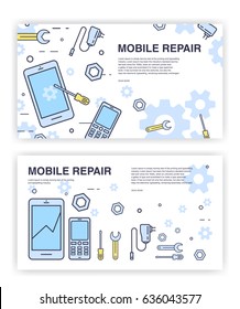 Mobile phone repair. Banners with smartphone and tools. service electronic technic.