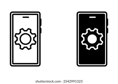 Mobile phone repair black and white flat vector icon design. Mobile phone setting symbol and clip art. Customizable thin and black line illustration. 