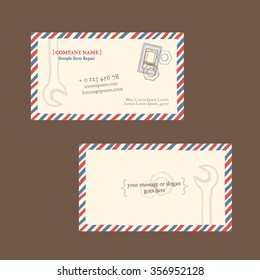 Mobile phone repair. Business card vector template, styled as a vintage envelope with postage stamp. Hand drawn, pen ink. Also suitable for flyer, banner, advertisement, promotion