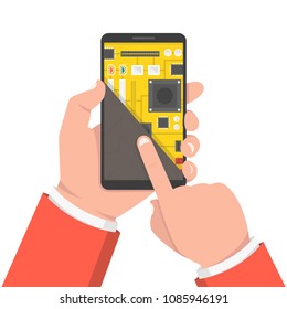 Mobile phone repair, computer service. Hand holding smartphone with motherboard in the section of the screen. Vector illustration.