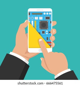Mobile phone repair, computer service. Hand holding smartphone with motherboard in the section of the screen. Flat cartoon style. Vector illustration.