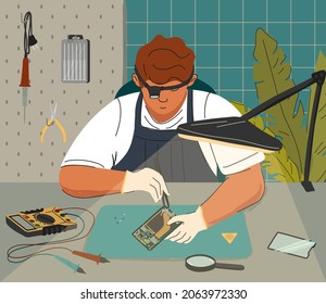 Mobile phone repair concept vector illustration. Man fix broken mobile phone. Maintenance and smartphone service. Man using soldering iron to repair phone