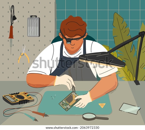 Mobile phone repair concept vector\
illustration. Man fix broken mobile phone. Maintenance and\
smartphone service. Man using soldering iron to repair\
phone