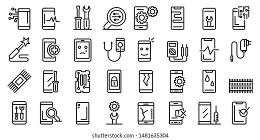 Mobile phone repair icons set. Outline set of mobile phone repair vector icons for web design isolated on white background