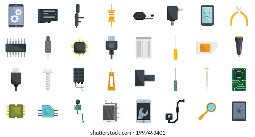 Mobile phone repair icons set. Flat set of mobile phone repair vector icons isolated on white background
