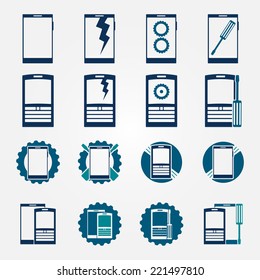 Mobile phone repair icons set - vector blue modern phone service symbols in flat style for your logo or infographics  