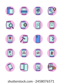 Mobile phone repair icons. Smartphone falling down, scratches on screen, dropped cell, broken tempered glass protection, water resistance. Vector icons for maintenance, service center, error concept