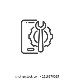 Mobile phone repair line icon. linear style sign for mobile concept and web design. Cell Phone with gear and wrench outline vector icon. Symbol, logo illustration. Vector graphics
