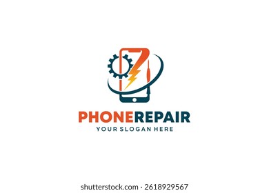 Mobile phone repair logo design with lightning or electricity vector icon symbol