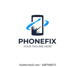 Mobile Phone Repair Logo Template. Broken Screen On Smartphone And Screwdriver Tool Vector Design. Fix Phone Screen Logotype
