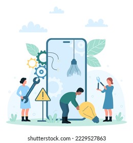 Mobile phone repair and maintenance service vector illustration. Cartoon tiny people work with broken light bulb inside big cellphone, workers fix smart electronic gadget with technical equipment