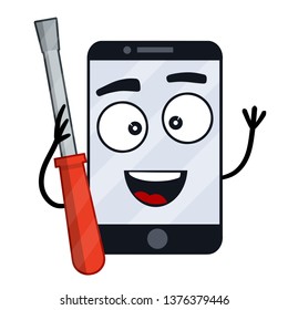 Mobile phone repair. Mascot of maintenance service. Happy smartphone with smile on screen holding screwdriver for mending and upkeep. Breakdown and damage of electronics. Cartoon illustration