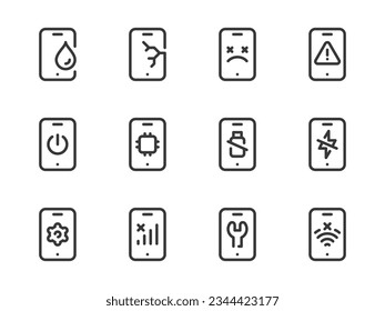 Iconos de línea vectorial de reparación de teléfonos móviles y problemas. Juego de iconos de esquema de recuperación y interrupción de Smartphone.