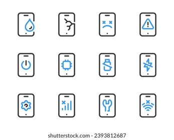 Reparatur von Mobiltelefonen und Probleme Vektorgrafik-Symbole. Rahmensymbol für die Wiederherstellung und den Zusammenbruch von Smartphones.