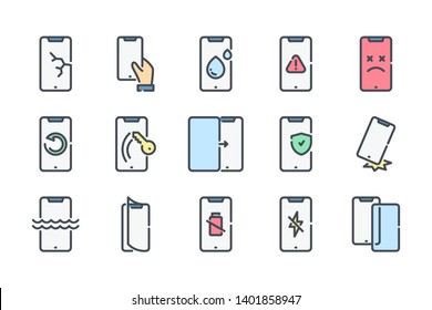 Handy Reparatur verwandte Farblinien Symbol Set. Smartphone-Schutz bunten linearen Symbole. Handy Probleme flache Umrisse Vektorzeichen und Symbole Sammlung.