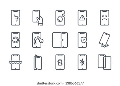 Mobile phone repair related line icon set. Smartphone protection linear icons. Mobile phone problems outline vector signs and symbols collection.