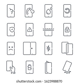 Mobile phone repair related line icon set. Smartphone protection linear icons. Cell phone problems outline vector signs and symbols collection.