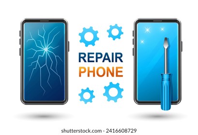 Mobile phone repair service, broken smartphone touch screen fix, change breaking telephone display, computer electronics renovation. Technical maintenance center. Recovery damage tablet device. Vector