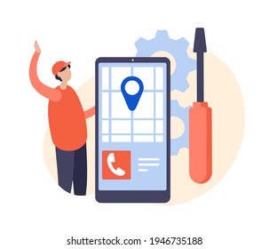 Mobile phone repair. Service center location. Male cartoon character technical support repairman standing near smartphone with map on screen. Flat vector illustration