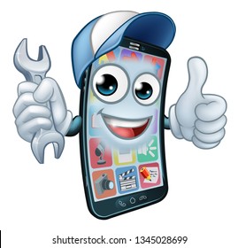 A mobile phone repair service or perhaps plumber or mechanic app cartoon character mascot holding spanner and giving a thumbs up.