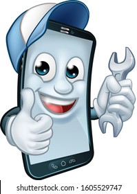 A mobile phone repair service or perhaps plumber or mechanic app cartoon character mascot holding spanner and giving a thumbs up.