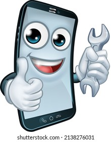 A mobile phone repair service perhaps plumber mechanic app cartoon character mascot holding spanner   giving thumbs up 