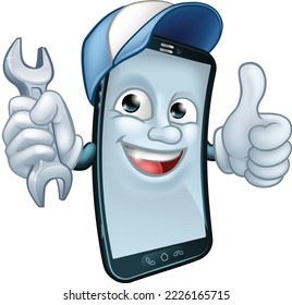 A mobile phone repair service or perhaps plumber or mechanic app cartoon character mascot holding spanner and giving a thumbs up.