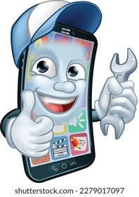 A mobile phone repair service or perhaps plumber or mechanic app cartoon character mascot holding spanner and giving a thumbs up.