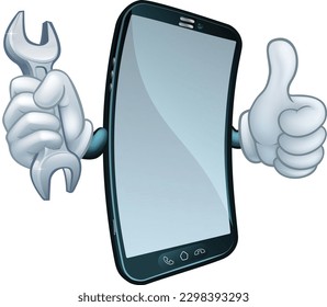 A mobile phone repair service or perhaps plumber or mechanic app cartoon character mascot holding spanner and giving a thumbs up.