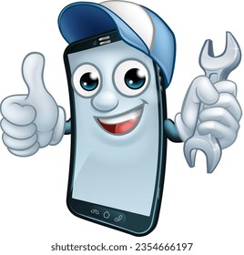 A mobile phone repair service or perhaps plumber or mechanic app cartoon character mascot holding spanner and giving a thumbs up.