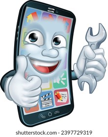A mobile phone repair service or perhaps plumber or mechanic app cartoon character mascot holding spanner and giving a thumbs up.