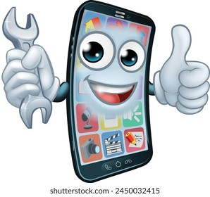 A mobile phone repair service or perhaps plumber or mechanic app cartoon character mascot holding spanner and giving a thumbs up.