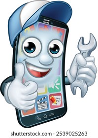 A mobile phone repair service or perhaps plumber or mechanic app cartoon character mascot holding spanner and giving a thumbs up.