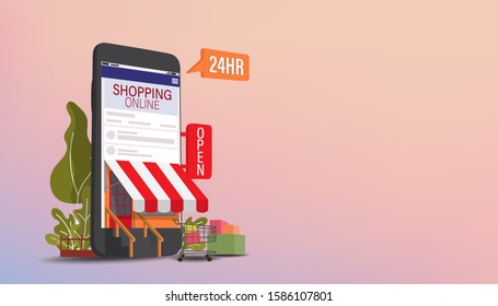 Mobile phone represent of front of shop store.Shopping Online on Website or Mobile Application Vector Concept Marketing and Digital marketing, Long Background - Shutterstock ID 1586107801