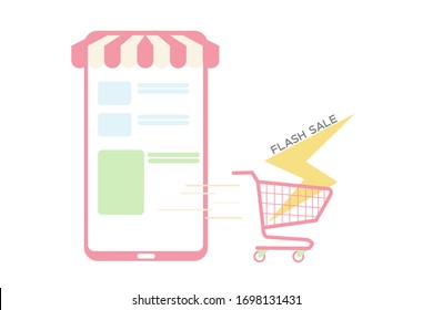 El teléfono móvil representa la parte delantera de la tienda.Comprar en línea en el sitio web o aplicación móvil Vector Concepto marketing y marketing digital, diseño plano.