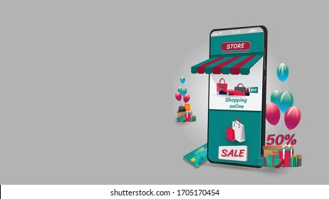 Mobile phone represent of front of shop store.Shopping Online on Website or Mobile Application  Concept Marketing and Digital marketing.