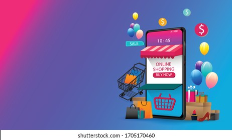 Mobile phone represent of front of shop store.Shopping Online on Website or Mobile Application  Concept Marketing and Digital marketing.