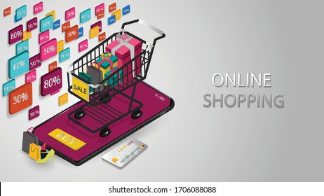 Mobile phone represent of front of shop store.Shopping Online on Website or Mobile Application  Concept Marketing and Digital marketing.