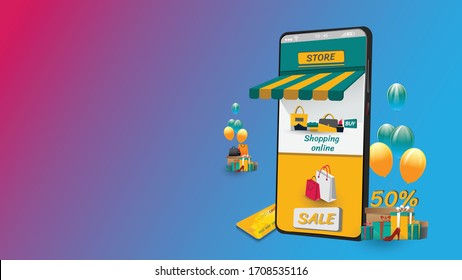 El teléfono móvil representa el frente de la tienda.Comprar en línea en el sitio web o aplicación móvil Concepto marketing y marketing digital.