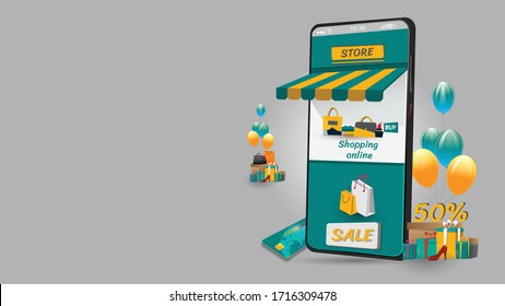 Handy repräsentieren vor dem Shop Shop.Shopping Online auf Website oder Mobile Application Concept Marketing und Digital Marketing.