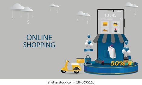 Mobile phone represent of front of shop store.Shopping Online on Website or Mobile Application Concept Marketing and Digital marketing.
