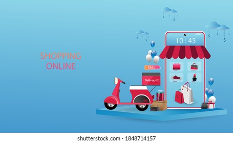 Mobile phone represent of front of shop store.Shopping Online on Website or Mobile Application Concept Marketing and Digital marketing.