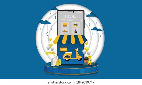 El teléfono móvil representa la parte delantera de la tienda.Comprar en línea en el sitio web o en el marketing por concepto de aplicación móvil y marketing digital.